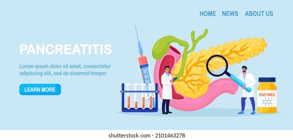 Pancreatitis concept. Gastroenterologist diagnose pancreas inflammation. Doctor examine patient. Digestive system disease treatment. Internal organs cancer. Vector illustration