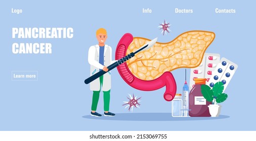 Pancreatitis concept vector for medical website, app. Pancreas doctors examine. Oncologist surgeon performs an operation on the pancreas and removes the tumor.