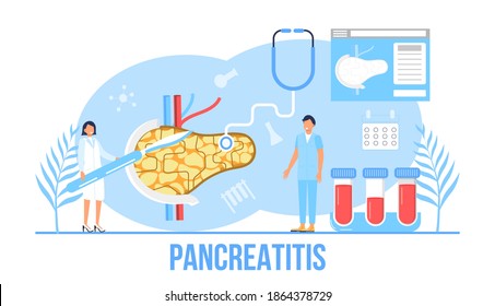 Pancreatitis concept vector. Pancreas doctors examine. Tiny therapist looks through a magnifying glass at internal organ. Health care concept in flat style for landing page, website, app, banner.