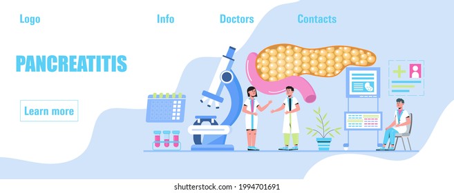Pancreatitis concept vector. Pancreas doctors examine. Tiny therapist looks through a magnifying glass at internal organ. Health care concept for landing page, website, app, banner.