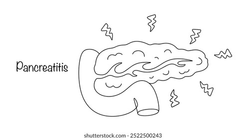 Pancreatitis Patología inflamatoria del páncreas, que se caracteriza por la insuficiencia de las funciones de los órganos. Glándula pancreática dibujada a mano con signos de dolor e inflamación. Ilustración vectorial.