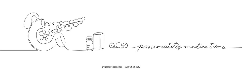 Pancreatitis medications set. Blister pack, pancreas, tablets, pills, capsules, packaged medicines, herbal, medicine one line art. Continuous line drawing of treatment medication, pharmacy, therapy