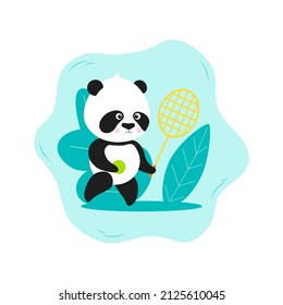 Panda and active sport. Cute panda bear character playing tennis or badminton. Fun outdoor activity, fun game and healthy lifestyle.