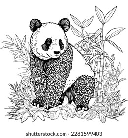 Panda adultos colorear la línea de la página arte negro y blanco