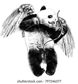 Panda angel with wings and a bow flies sketch vector graphics monochrome drawing