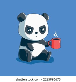 Panda angry with his red cup of coffee