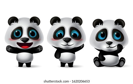 Panda animal characters vector set. Pandas bear character with cute expression in happy, blissful, thinking, sitting, shy, standing and joyful isolated in white background. Vector illustration.  