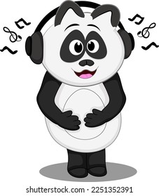 panda animal is listening to music, with a slightly surprised face