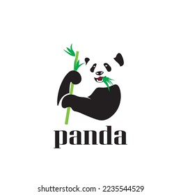 Panda animal logo design holding a bamboo stick.