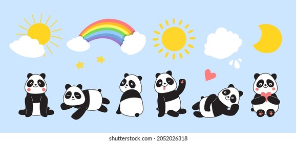 Panda-Tiere. Cartoon Pandas, Regenbogen und Sonne. Weiße Wolken, Sterne und exotische Wildtiere, kindische süße Freunde, Vektorgrafiken