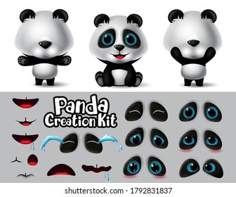 Panda animals character creation vector set. Pandas animal characters editable eyes and mouth create kit with different expression and emotion for cartoon collection design. Vector illustration 