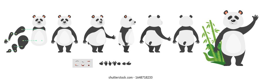 Panda animated flat vector illustration. Adorable kawaii animal animation creation cartoon set. Wild panda bear sprite sheet character constructor with various face emotions, body poses, hand gestures