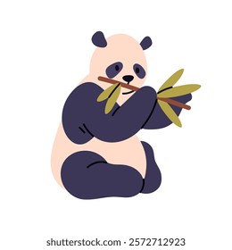 Panda, Asian Chinese bear eating bamboo branch, leaf. Cute jungle animal sitting, holding green leaves, food plant. Giant hungry mammal, fauna. Flat vector illustration isolated on white background