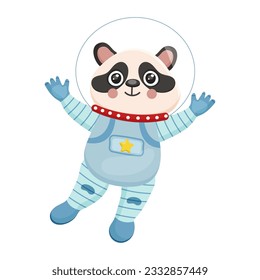 Panda astronaut, cartoon animal, wear spacesuit, spaceman, helmet, science, technology, happy, children, adventure, flight. Isolated on white background. Vector illustration