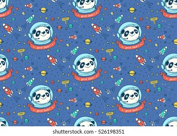 Panda Astronaut and Cosmos seamless pattern.Vector hand drawing illustration