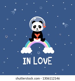 Panda astronaut  in love sit on rainbow in outer space. Cute cartoon vector illustration.