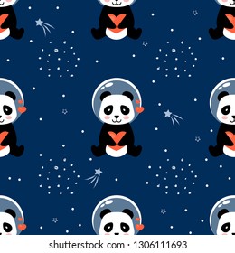 Panda astronaut  in outer space seamless pattern. Cute cartoon vector illustration.
