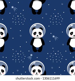 Panda astronaut  in outer space seamless pattern. Cute cartoon vector illustration.
