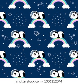 Panda astronaut  in outer space seamless pattern. Cute cartoon vector illustration.