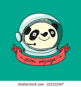 Panda Astronaut and ribbon for text or title. Vector colorful logo concept in doodle style. Banner with Bon Voyage wish.