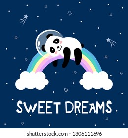 Panda astronaut sleeps on rainbow. Vector print, cute cartoon vector illustration.