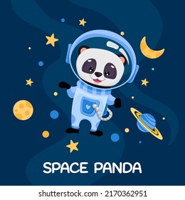 Panda Astronaut in space suit for birthday party flyer, kids print texture and baby shower. Cute animal with planets moon stars in open space. Vector Cartoon illustration