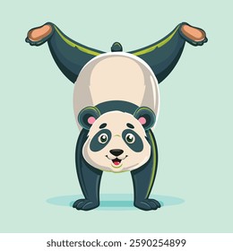 A panda attempting a handstand yoga pose, wobbling slightly with a determined expression, humorous and cute, cartoon-style vector artwork