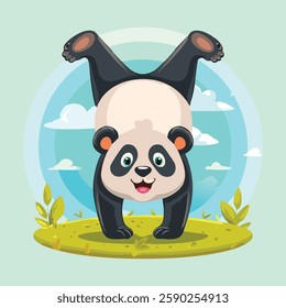 A panda attempting a handstand yoga pose, wobbling slightly with a determined expression, humorous and cute, cartoon-style vector artwork