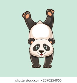 A panda attempting a handstand yoga pose, wobbling slightly with a determined expression, humorous and cute, cartoon-style vector artwork