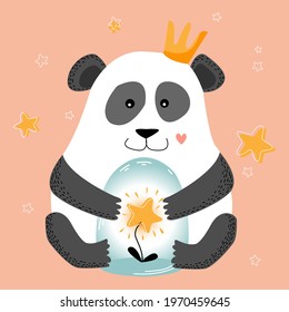 Сartoon panda baby bear with a crown sitting with a glass jar inside which is a star. Vector Nursery poster print.  Children room decoration. Cute animals