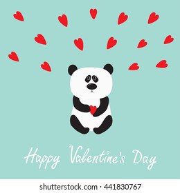 Panda baby bear. Cute cartoon character holding red heart. Happy Valentines day. Love greeting card. Flat design. Vector illustration