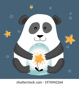Сartoon panda baby bear sitting with a glass jar inside which is a star. Vector Nursery poster print.  Children room decoration. Cute animals