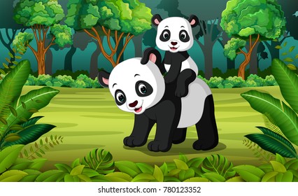 Panda with baby panda in the forest