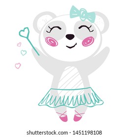 Panda baby girl cute print. Sweet bear with magic wand, bow, ballet tutu, pointe shoes. Cool animal illustration for nursery t-shirt, kids apparel, birthday card, invitation. Simple child design