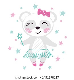 Panda baby girl cute print. Sweet bear with magic wand, bow, ballet tutu, pointe shoes. Cool animal illustration for nursery t-shirt, kids apparel, birthday card, invitation. Girly star design