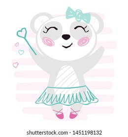 Panda baby girl cute print. Sweet bear with magic wand, ballet tutu, pointe, bow on striped background. Cool animal illustration for nursery, t-shirt, kids apparel, birthday card. Simple girly design