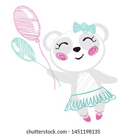 Panda baby girl cute print. Sweet bear with balloon, ballet tutu, pointe shoes, bow. Cool animal illustration for nursery t-shirt, kids apparel, birthday card, invitation. Simple girly design