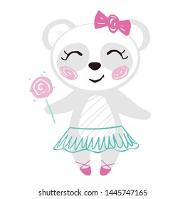 Panda baby girl, cute summer print. Sweet bear with sweet lollipop, ballet skirt, bow. Cool animal illustration for nursery t-shirt, kids apparel, birthday card, invitation. Simple girly design