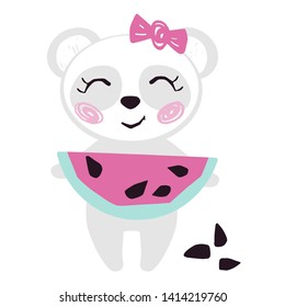Panda baby girl with watermelon cute summer print. Sweet bear with fresh fruit, bow. Cool animal illustration for nursery t-shirt, kids apparel, birthday card, invitation. Simple child design