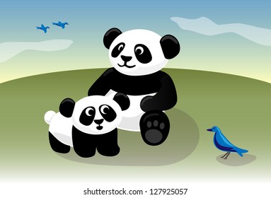 Panda Baby And Mom Watch Bird Outdoors