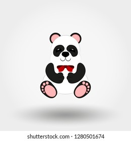 Panda baby with red bow. Flat vector illustration on floral pattern. Can be used for design greeting card, invitation or banner. All the elements can be used as icons for mobile applications or logos