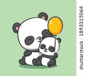 The panda with baby panda is sitting together and playing the balloon of illustration