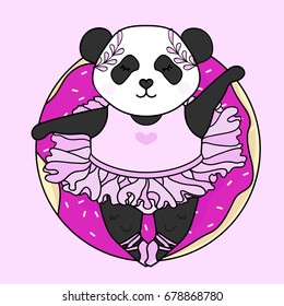 Panda ballerina on a donut. Vector cartoon character 