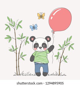 Panda with balloon, bamboo. Cute vector illustration
