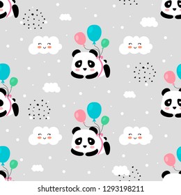 Panda with balloons and clouds seamless pattern for kid, cartoon vector 
