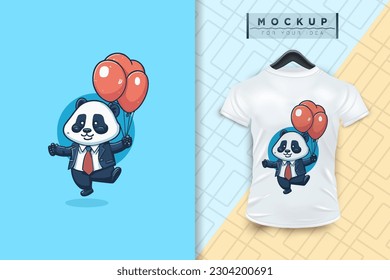 A panda with balloons flat cartoon character design, vector mascot animal nature icon concept, isolated premium illustration for logo, sticker, t-shirt, printable, coloring page, etc.