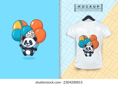 A panda with balloons flat cartoon character design, vector mascot animal nature icon concept, isolated premium illustration for logo, sticker, t-shirt, printable, coloring page, etc.