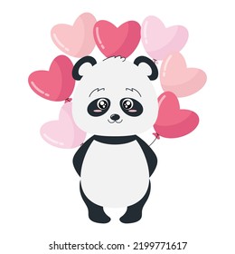 
Panda con bolas. Bolas en forma de corazones. El día de San Valentín.