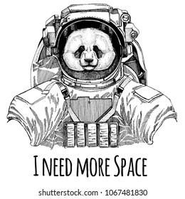 Panda, bamboo bear Astronaut. Space suit. Hand drawn image of lion for tattoo, t-shirt, emblem, badge, logo patch kindergarten poster children clothing