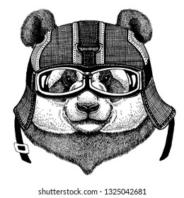 Panda, bamboo bear Hipster animal wearing motorycle helmet. Image for kindergarten children clothing, kids. T-shirt, tattoo, emblem, badge, logo, patch